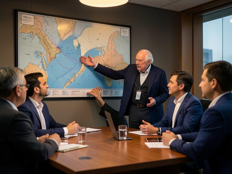 A senior consultant presenting an offshore map to clients