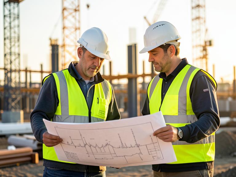 Two engineers discussing a blueprint at a construction site