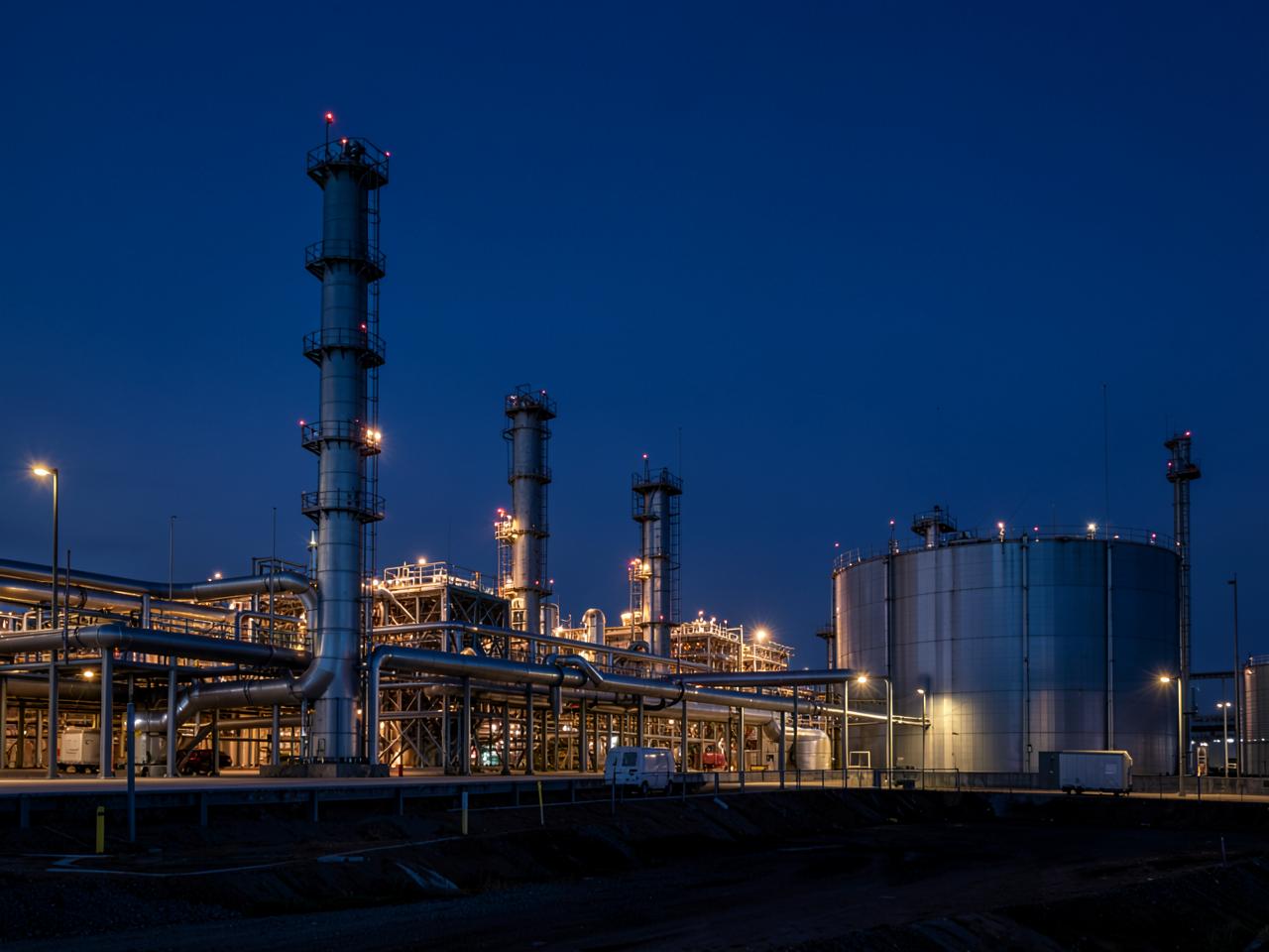 Energy infrastructure and processing plant at dusk