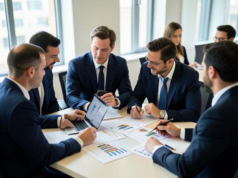Investment team reviewing energy portfolio charts in a boardroom