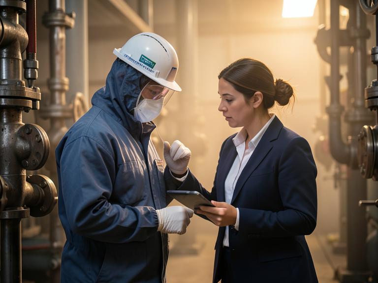 A technician and supervisor inspecting industrial valves together