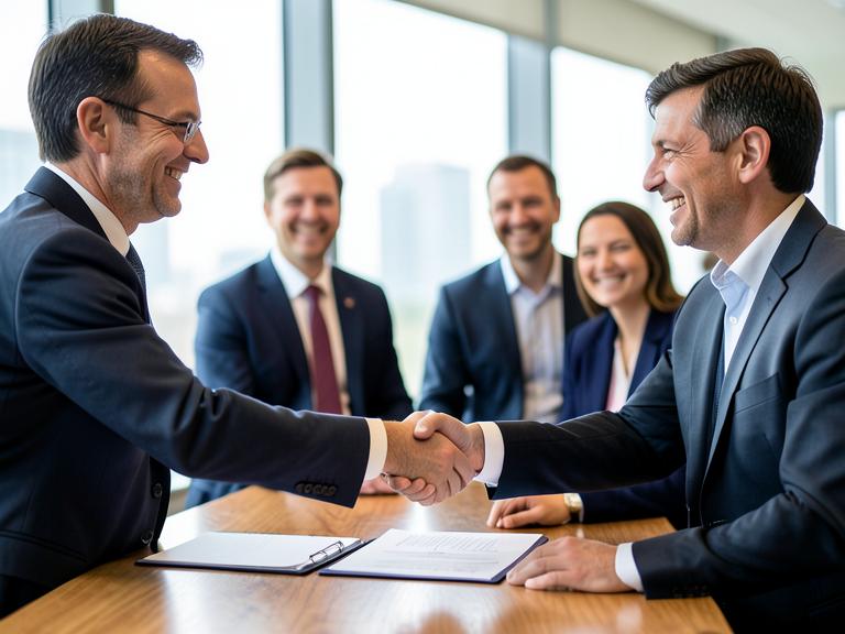 Two executives shaking hands after signing a partnership